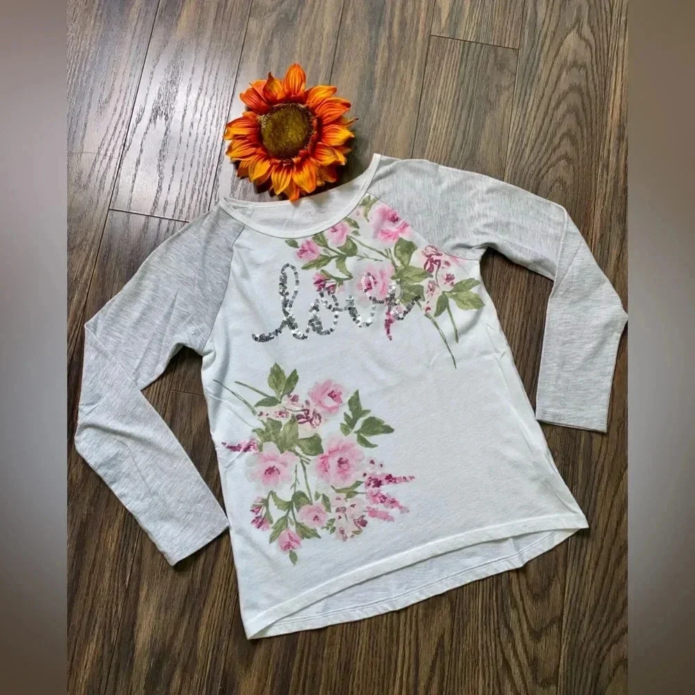 🌻5/$25🌻JUSTICE Sequined Love Long Sleeved Flower T-Shirt | 10/12 | - Picture 2 of 6